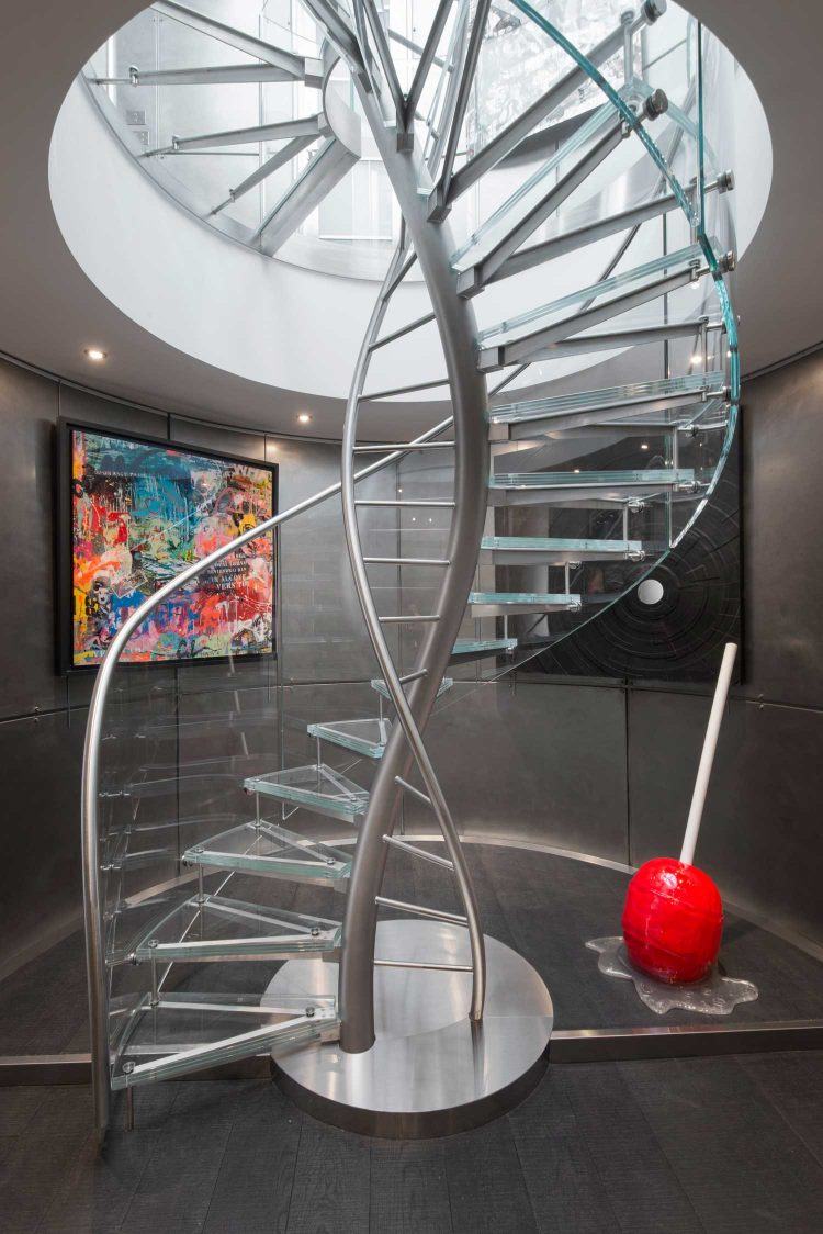 contemporary metal and glass spiral staircase