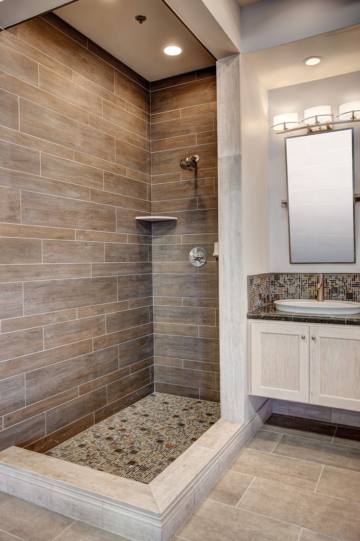 modern shower with wood tile