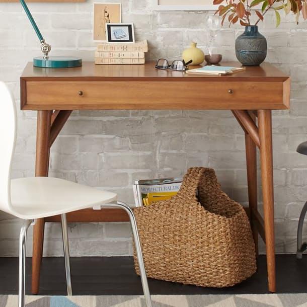 simple wooden desk with white chair