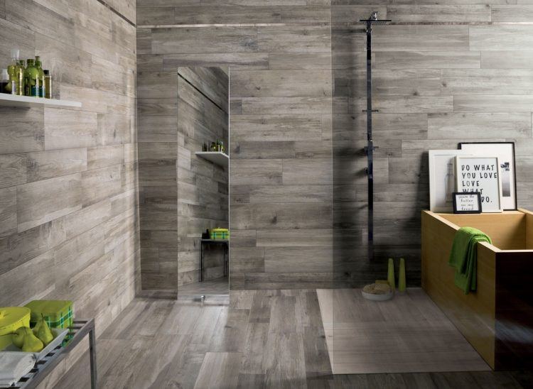 dark gray wooden style tile in bathroom