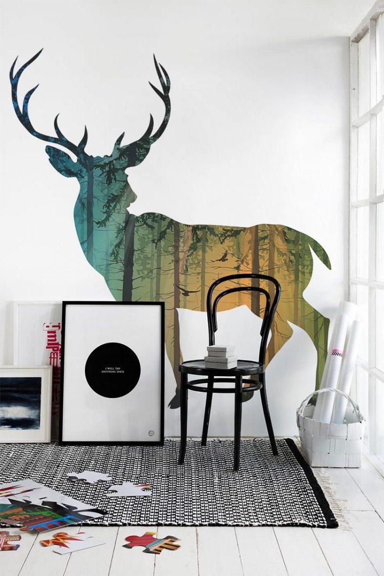 Deer and Forest Wall Mural Designed for White Living Room Accentuated by Sunlight Coming from Large French Window