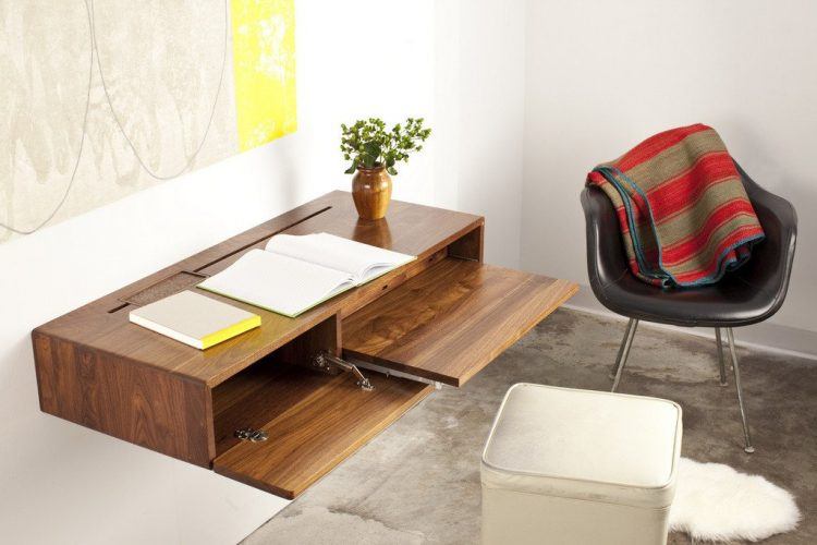 floating wooden desk with shelves