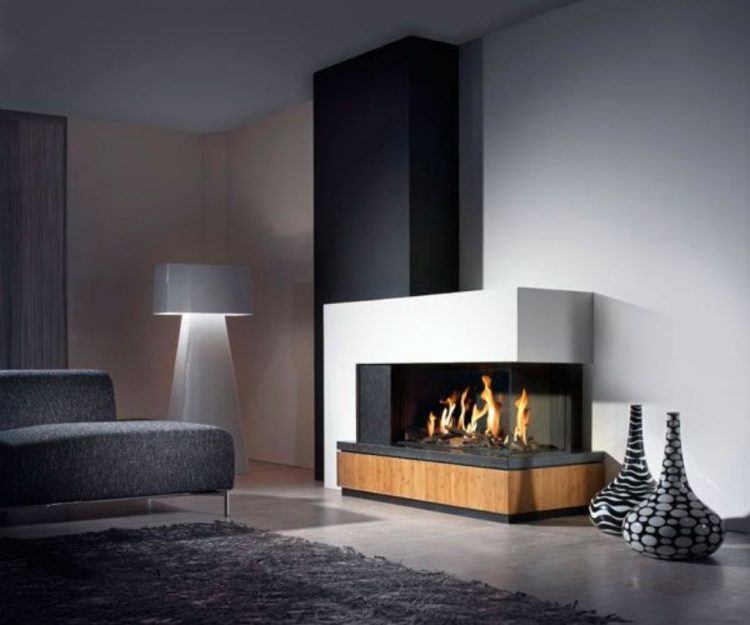 beautiful modern fireplace with white and wood design