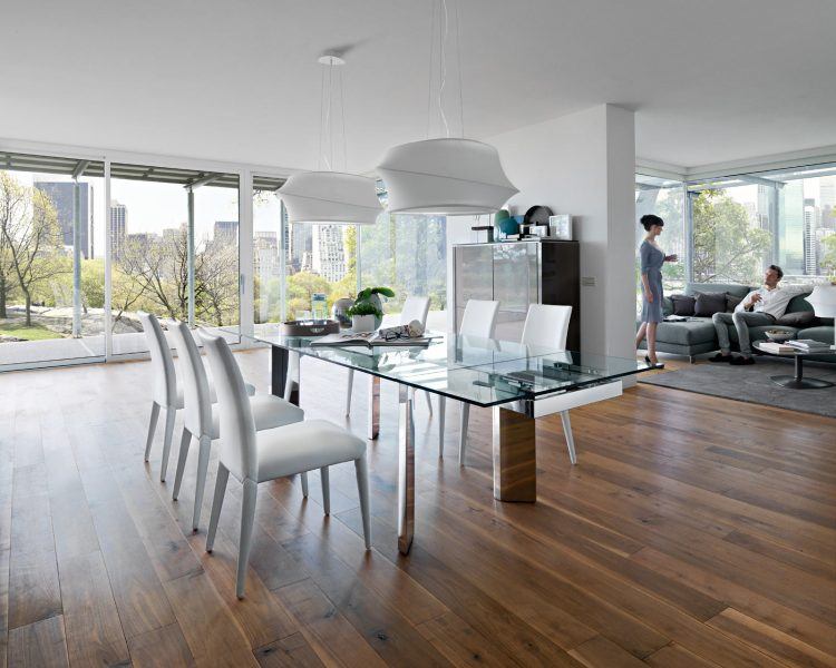 beautiful modern dining area with hardwood flooring