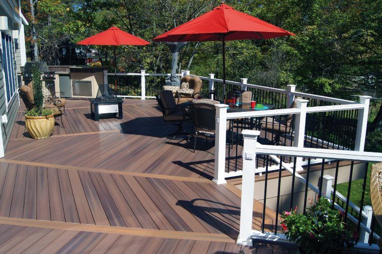 cool wooden deck with red umbrellas