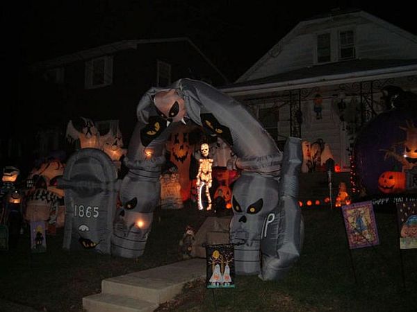 scary front yard decoration with skeleton