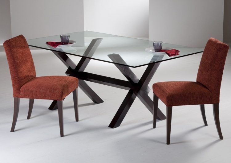 modern glass dining table with red chairs