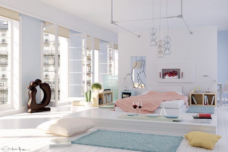 beautiful white bedroom with chandelier 