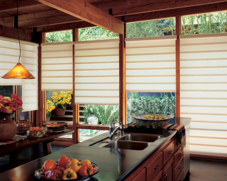 kitchen window with cool white curtains