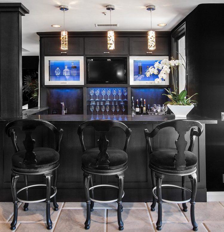 black home bar with stools