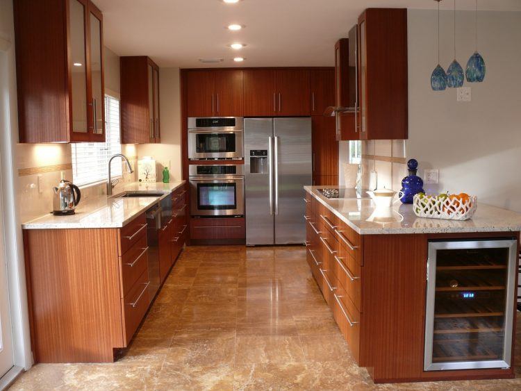 bright modern kitchen with mahogany cabinets