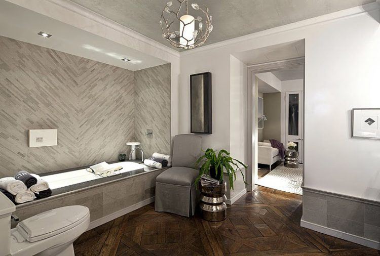 lavish bathroom with wooden tile floor