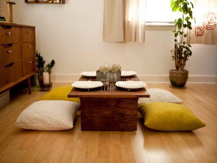 japanese table with yellow and white pillows