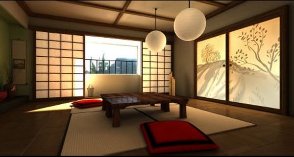 japanese dining room with round lights