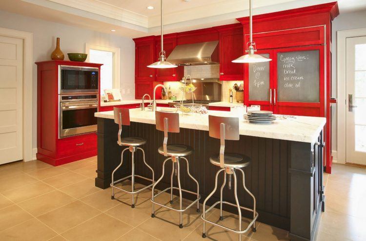 modern kitchen with red cabinets