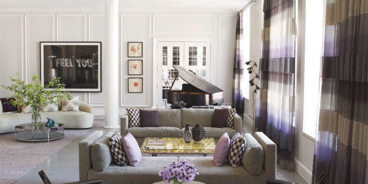 modern living room with purple curtains