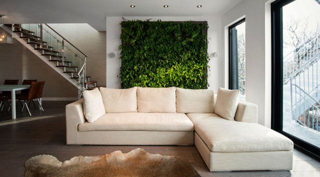 living green wall in living room with l-shaped couch