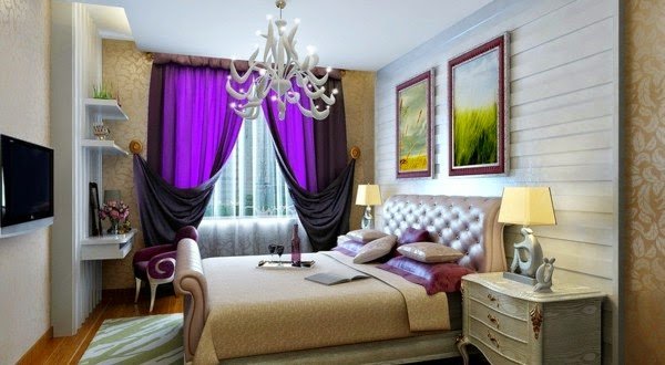 modern bedroom with bold purple curtains