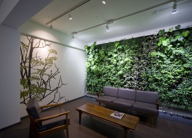 modern living room with large green wall