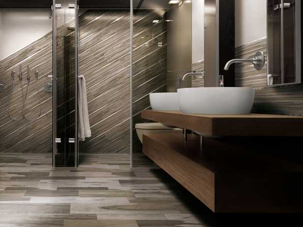 ceramic wood tile in bathroom with two vessel sinks