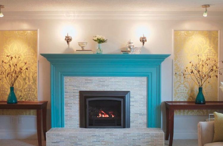 brick fireplace with blue trim