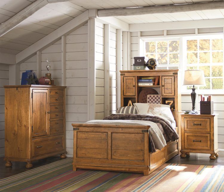 beautiful wooden bed with bookshelf headboard