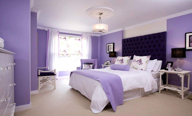 purple bedroom design with chandelier 