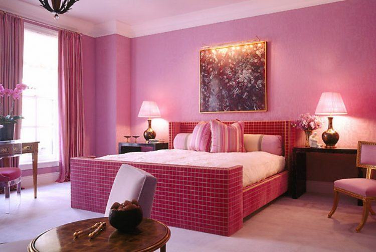 large bedroom with pink color scheme