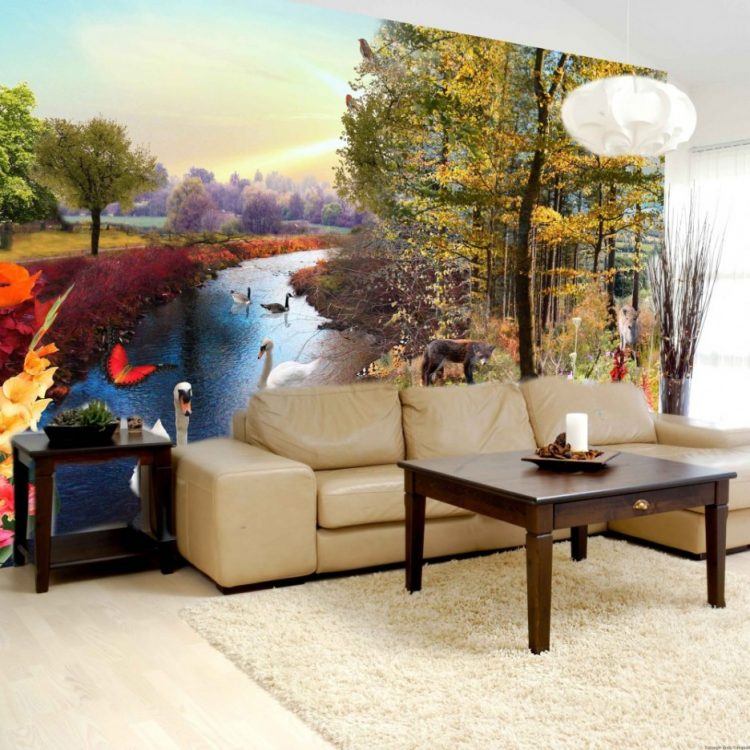 river and forest living room mural