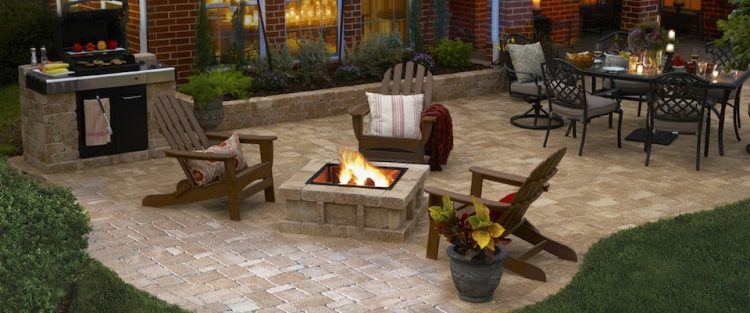 stone patio with square fire place