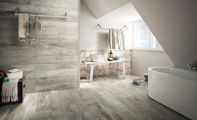 rustic bathroom with wood tile design