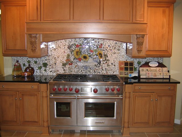 traditional kitchen with colorful backsplash