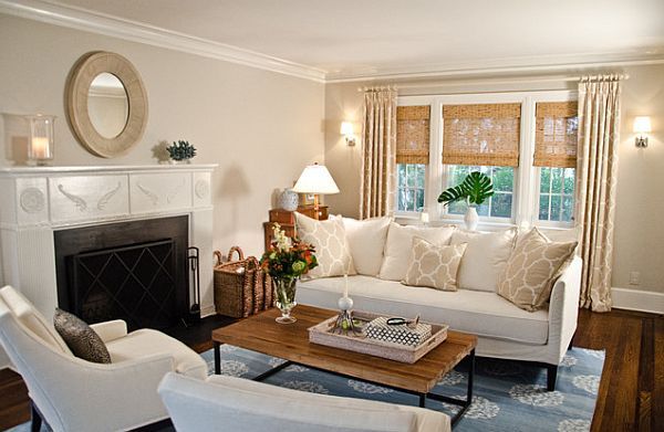 living room with curtains and blinds