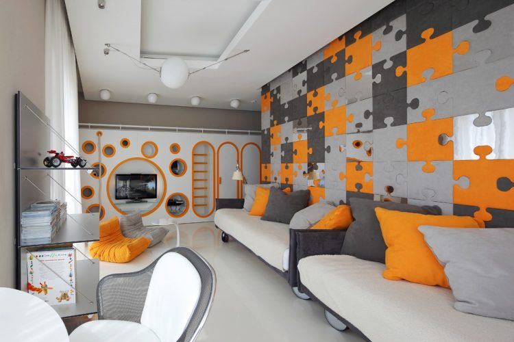 orange and gray puzzle piece bedroom