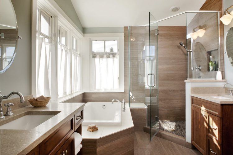 wood looking porcelain tile in modern bathroom