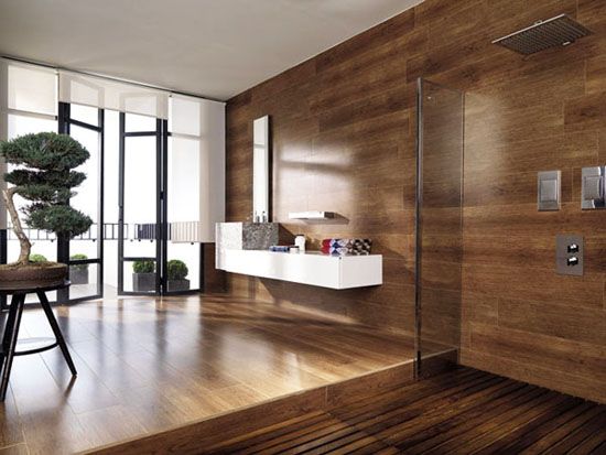 bathroom with sleek wood tile 