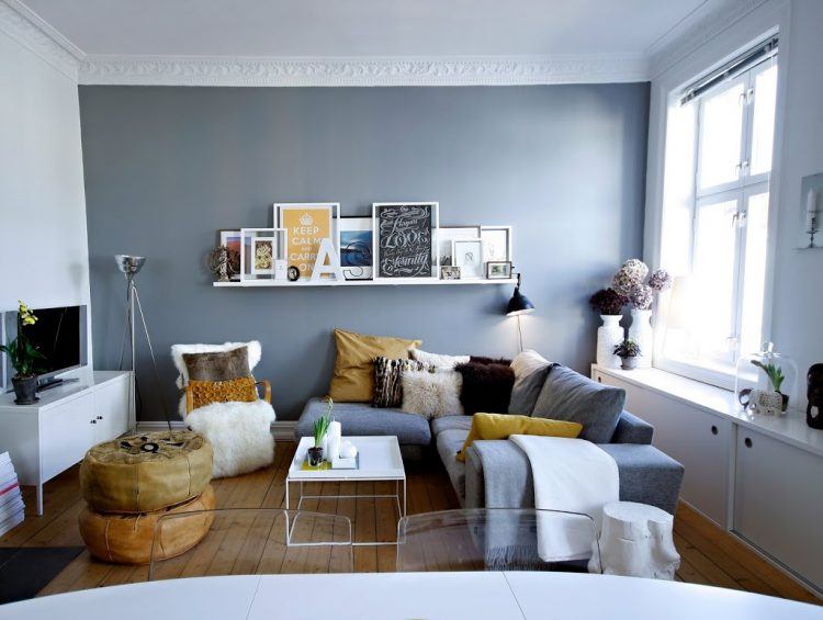 living room with blue painted walls