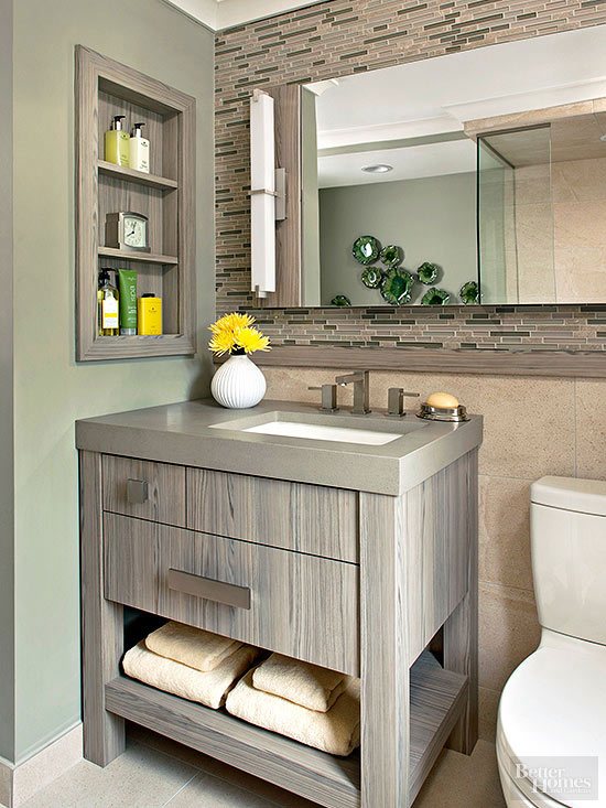 gray bathroom vanity with drawers