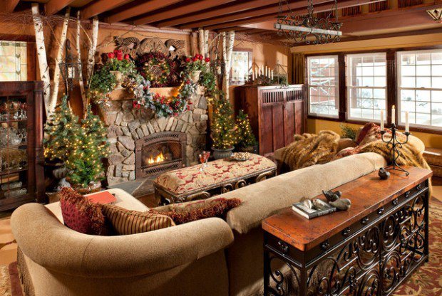 beautiful rustic living room with christmas decor