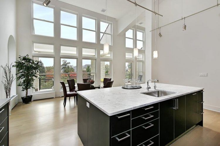 beautiful modern kitchen with floor to ceiling windows