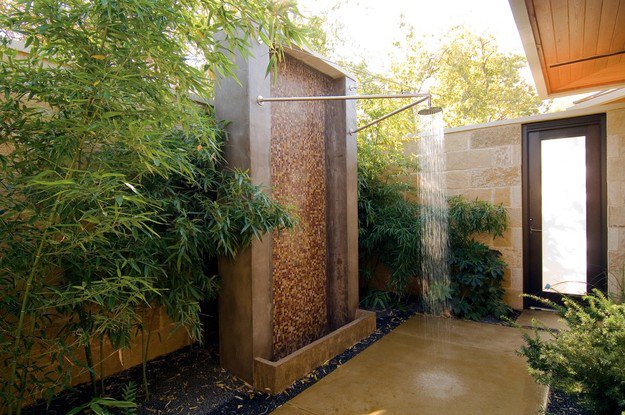 beautiful outdoor shower with rain shower head