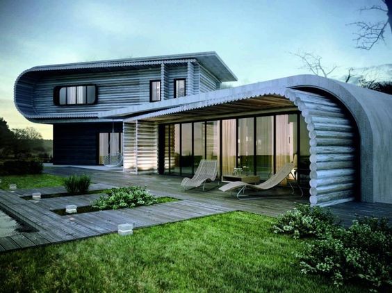 uniquely shaped modern wooden house