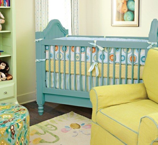 baby room with bright crib and chair