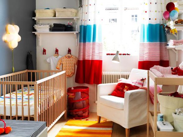 bedroom with colorful curtains