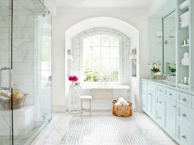 modern bathroom with glass enclosed shower