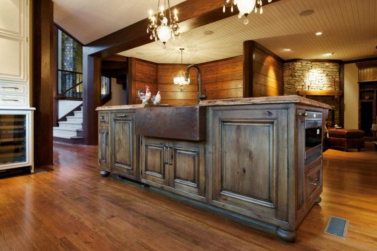 rustic kitchen with beautiful chandelier