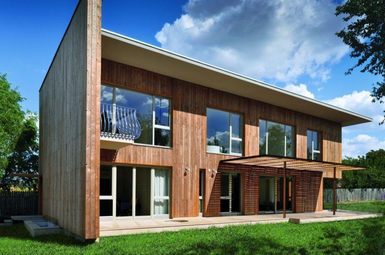 contemporary wooden house with large windows