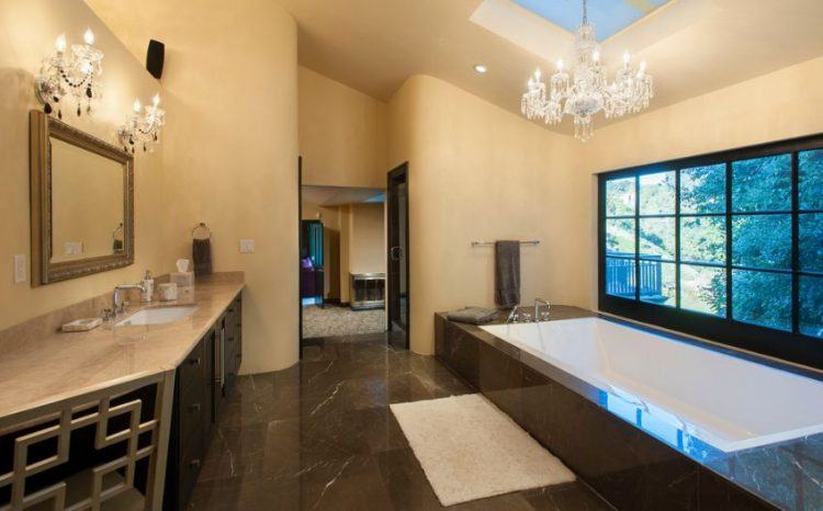 contemporary bathroom with slanted ceiling