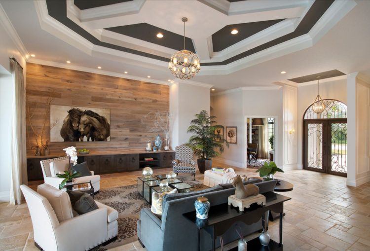 contemporary living room with brown wooden wall