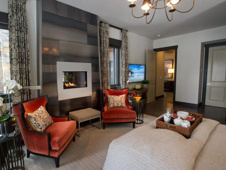 bedroom with modern chandelier 